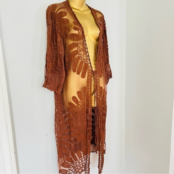 Bohemian embroidered long kimono swim cover up sheer cardigan boho - Picture 4 of 4